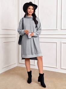 SHEIN LUNE Women High Collar Loose Split Gray Sweater Dress