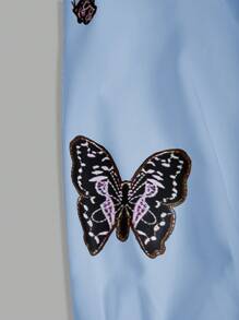 SHEIN LUNE 女士休闲蝴蝶印花长袖衬衫 - 淺藍色 - 查看 4