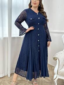 Modelyn Plus Size Women's Lace Patchwork Casual Long Sleeve Dress, Elegant Party Evening Maxi Length Dresses Long Evening Dresses - Navy Blue - View 4