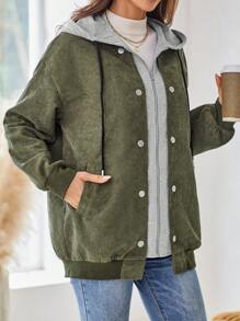 EMERY ROSE Women Color Blocking Simple Daily Long Sleeve Hooded Jacket - Army Green - View 5