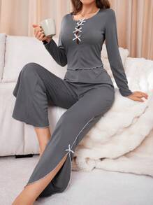 Women Bow-Knot Neck Long Sleeve Top And Pants Lounge Set - Dark Grey - View 1