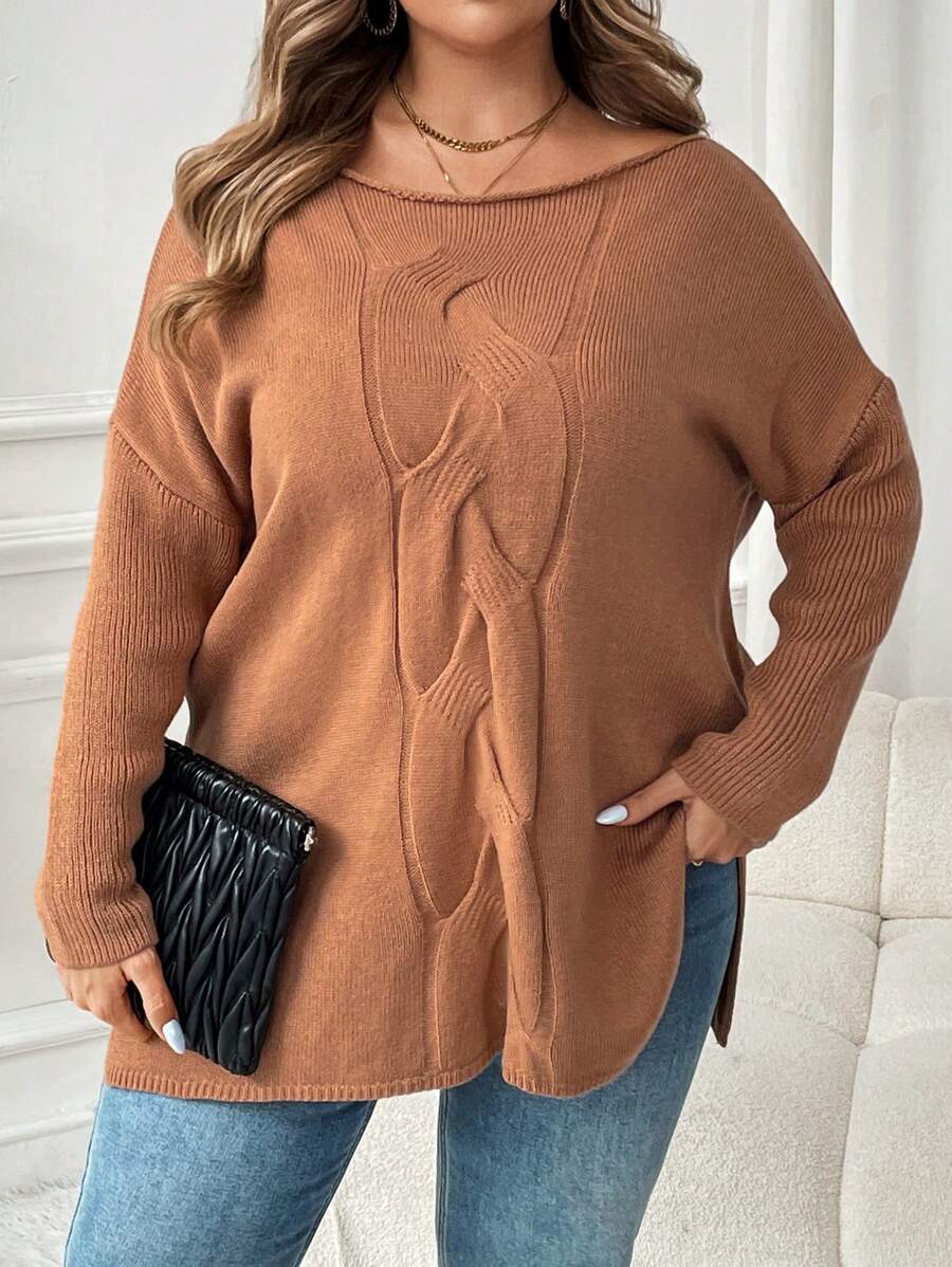 EMERY ROSE Suéter holgado de manga larga con hombros descubiertos y tejido retorcido, para tallas grandes, para fiestas, festivales de música, uso en casa, regreso a la escuela, regalos y compras, atuendo de mujer occidental, suéteres de otoño, blusas campestres, ropa de invierno - Caqui - Ver 1