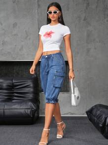SHEIN Essnce Women Front Button Multi-Pocket Simple Cuffed Casual Jeans