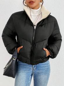 SHEIN Frenchy 女士拉链长袖时尚冬季防寒夹克 - 黑色 - 查看 6