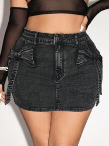 SHEIN ICON Falda vaquera entallada con cinturón de lazo de presillas talla grande
