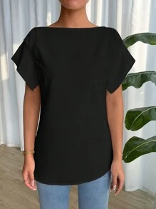 SHEIN LUNE 女士夏季純色短袖百褶休閒襯衫 - 黑色 - 查看 6