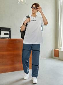 SHEIN Teenboys' Casual Versatile Cargo Pocket Black Woven Pants With White Stitching Detail - Dusty Blue - View 5