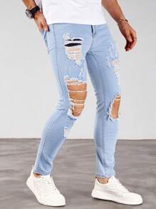 Manfinity Homme Men Pocket Ripped Casual Denim Skinny Trousers
