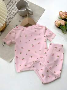 2pcs Snug Fit Young Girl Casual Pink Floral Printed Short Sleeve Crew Neck T-Shirt And Pants Homewear Set, Suitable For Spring And Summer