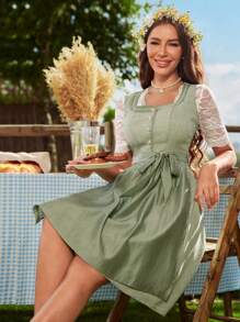 Chiquease Women Plain Simple Lace Lapel Lace-Up Elegant Dress,Traditional Munich Oktoberfest Dress,Oktoberfest Costume,Oktoberfest Dirndl,Oktoberfest Tracht,Oktoberfest ,Wiesn ,Bierfest