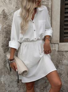 SHEIN LUNE Elastic Waist Pleated Shirt Dress - White - View 4