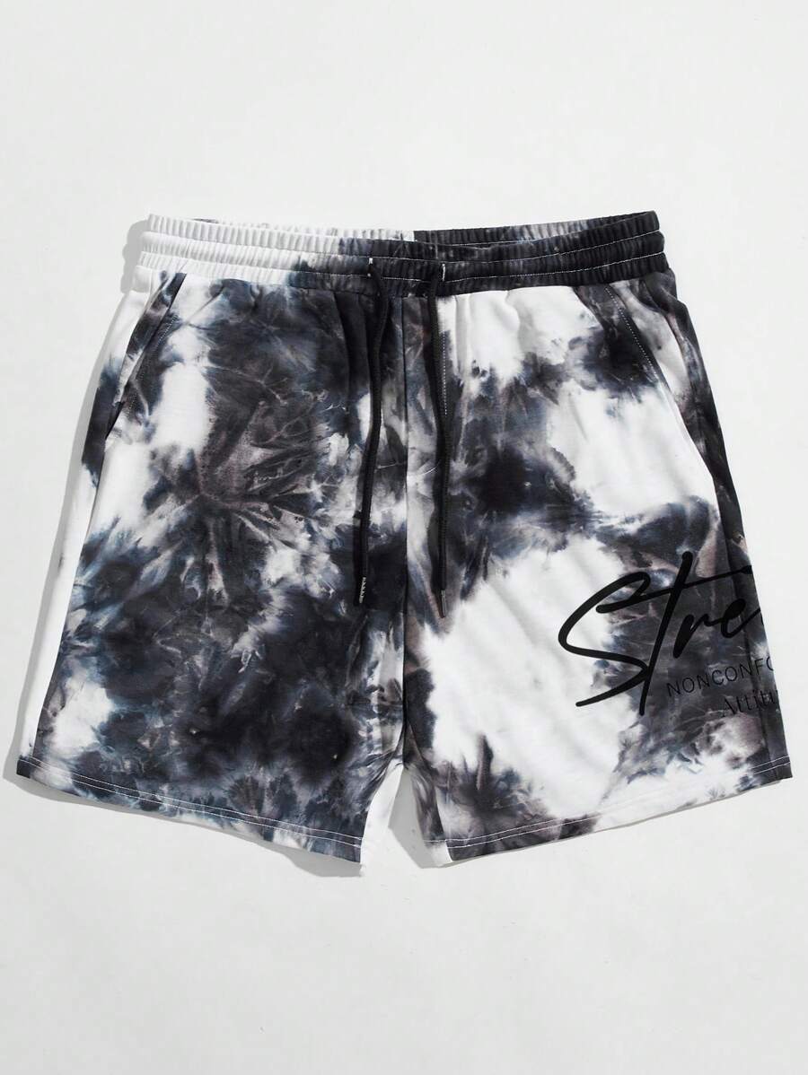 Manfinity VCAY Pantalones cortos rectos y sueltos con efecto tie-dye para hombre, verano - Blanco y Negro - Ver 1