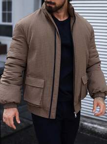 Manfinity Homme Men Solid Color Zip-Up Pocket Winter Padded Coat,Black Warm Plush Winter Coat - Brown - View 4