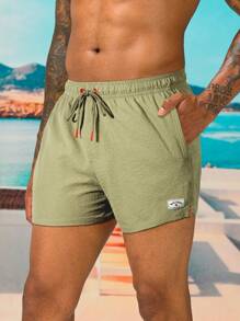 Surfspeed Men's Letter Print Drawstring Waist Beach Shorts , Swim Trunks - Khaki - View 1