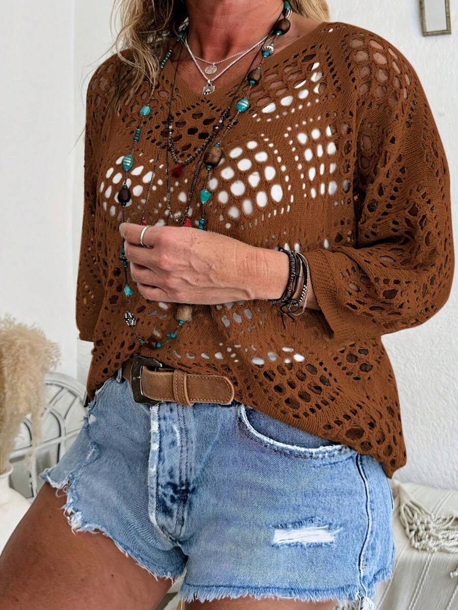 Franclia 大码纯色镂空针织毛衣 - 咖啡棕 - 查看 1
