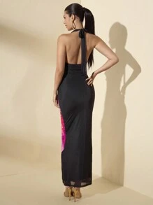 SHEIN BAE Women Summer Floral Print Swing Neck Slim Fit Draped Neck Tie Long Elegant Dress