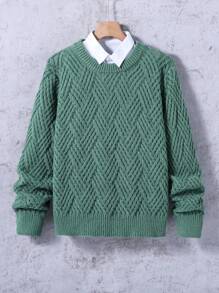 Teen Boy Crew Neck Cable Knit Pullover Sweater , Autumn/Winter - Green - View 1
