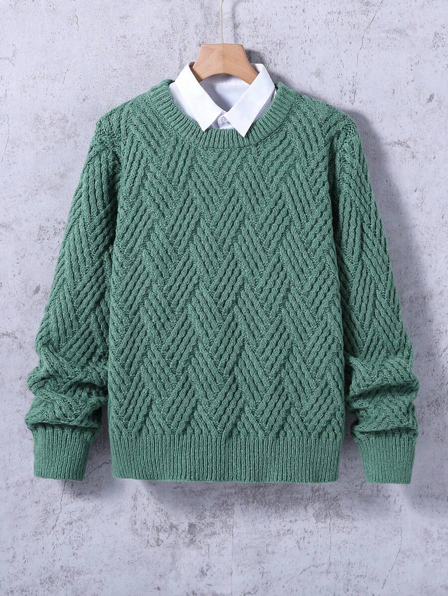 Teen Boy Crew Neck Cable Knit Pullover Sweater , Autumn/Winter - Green - View 1