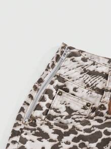 ROMWE J-Fashion 夏季、校园全印花系带口袋牛仔短裤 - 棕色 - 查看 4