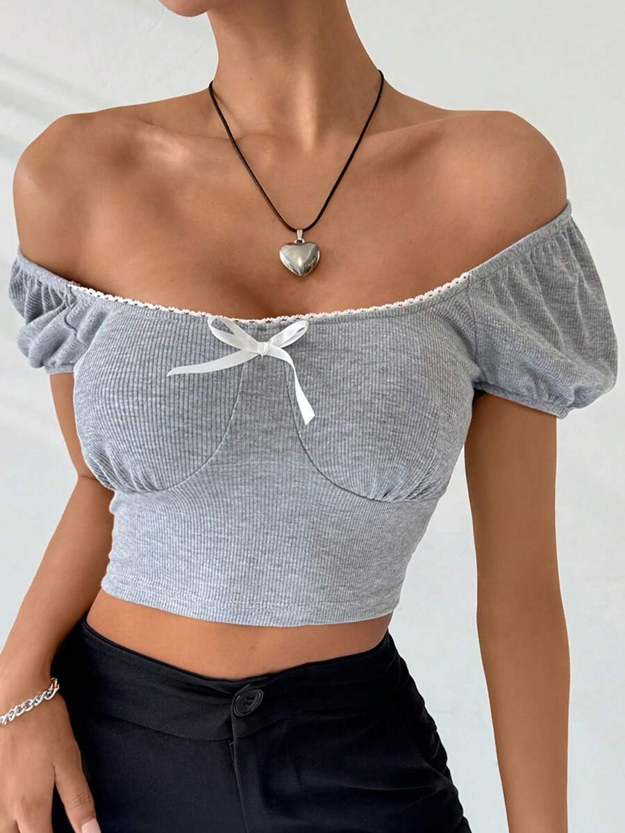 SHEIN EZwear 女性夏季短袖襯衫配蝴蝶結裝飾,露肩設計 - 灰色 - 查看 1