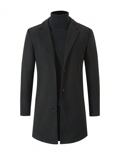 Men's & Teen Boys' Elegant City Gentleman Lapel Midi Woolen Coat, Suitable For Urban Commute