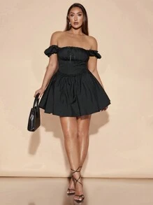 SHEIN BAE Modern Corsets For Plus Size Women Penelope Preto Summer Sweet Date One-Shoulder Puff Mini Dress - Black - View 2