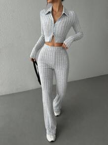 SHEIN EZwear SHEIN EZwear Autumn Zippered Ribbed Knit Cropped T-Shirt And Flared Pants Two-Piece Set