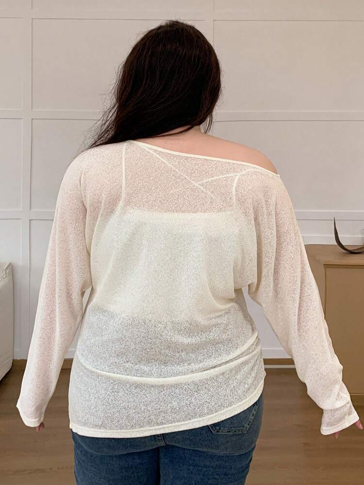 Dazy Plus Plus Size Solid Color Asymmetric Shoulder T-Shirt Sheer Long Sleeve Women Tops Off The Shoulder