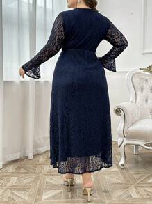Modelyn Plus Size Women's Lace Patchwork Casual Long Sleeve Dress, Elegant Party Evening Maxi Length Dresses Long Evening Dresses - Navy Blue - View 2