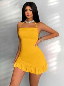Zolique Women's Sexy Solid Color Ruffle Hem Backless Halter Dress, Summer