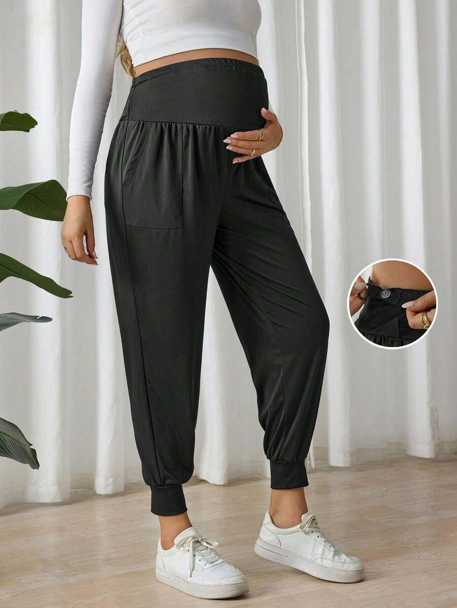 SHEIN Maternity Solid Color Adjustable Waist & Leg Cuff Casual Pants - Black - View 1