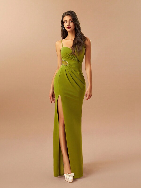 Vestido elegante feminino com fenda verde, vestido de noite, coquetel, baile, vestido semiformal, para aniversário, convidado de casamento, formatura, jantar, baile de formatura, natal