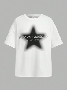 SHEIN Girlism 少女超大黑白星星印花 T 恤和工装口袋裤套装 - 黑與白 - 查看 9