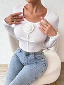 Chiquease Women 3D Floral Decor Crew Neck Long Sleeve T-Shirt - White - View 6