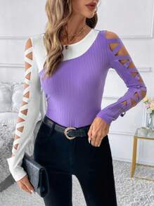 SHEIN Clasi 女士优雅紫白蜡染镂空设计 T 恤 - 彩色 - 查看 3