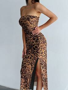 Aloruh 优雅性感豹纹高开叉露背无袖度假/派对修身连衣裙，春夏 - 彩色 - 查看 5