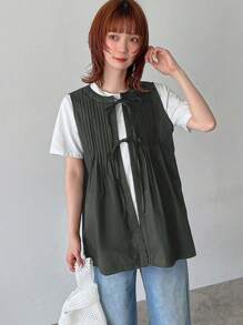 FRIFUL Women's Solid Color Simple Sleeveless Tie-Up Tank Top For Everyday Wear,Fall Clothes - Green - View 4