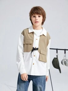 SHEIN 少年迷彩長袖兩用衣，適用於休閒、酷炫和街頭風格場合 - 卡其色 - 查看 3