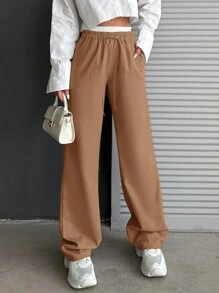 EURMUSE Women Contrast Color Waist Tie Straight Loose Casual Versatile Trousers - Coffee Brown - View 5