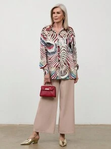 SHEIN LUNE Women's Turndown Collar Button Front Long Sleeve Allover Print Casual Blouse - Multicolor - View 6