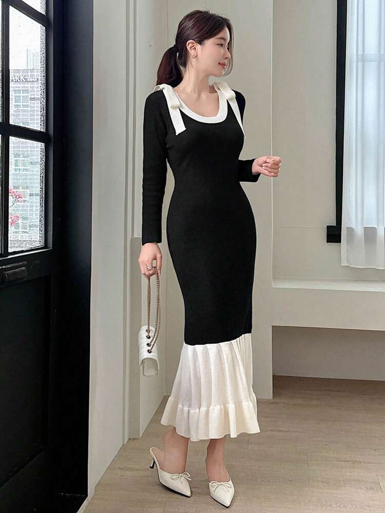 Women's Casual Round Neck Long Sleeve Knit Sweater Dress,Ruffle
