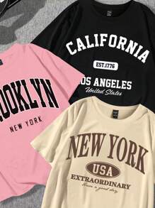 SHEIN EZwear Set de 3 camisetas sueltas de manga corta con cuello redondo y gráfico "NEW YOUR" de estilo minimalista casual, adecuadas para el verano - Multicolor - Ver 4