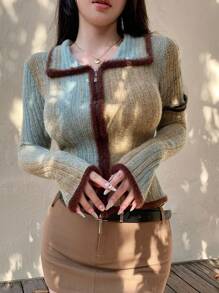 DAZY Áo len cardigan dệt kim chắp vá màu tương phản dành cho nữ, khối màu, quần áo mùa thu - Màu xanh Bạc hà - Xem 11