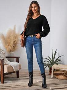 SHEIN LUNE Áo len dệt kim cơ bản dài tay cổ chữ V thông thường dành cho nữ - màu đen - Xem 3