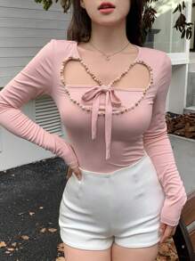 DAZY Women's Valentine's Day Heart Hollow Drawstring Tie Pearl Decor Long Sleeve T-Shirt,Fall Clothes