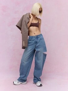 MISSGUIDED 洗水侧破洞直筒牛仔裤