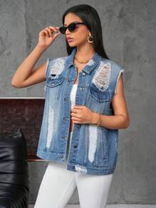 SHEIN Essnce Women's Distressed Ripped Denim Jacket - Light Wash - View 6