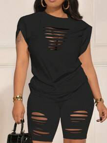 SHEIN Plus Size Nữ Màu Trơn Cổ Tròn Đau Khổ Áo Thun Tay Ngắn Và Quần Short Bộ Hai Món Thường Ngày, Mùa Hè - màu đen - Xem 1