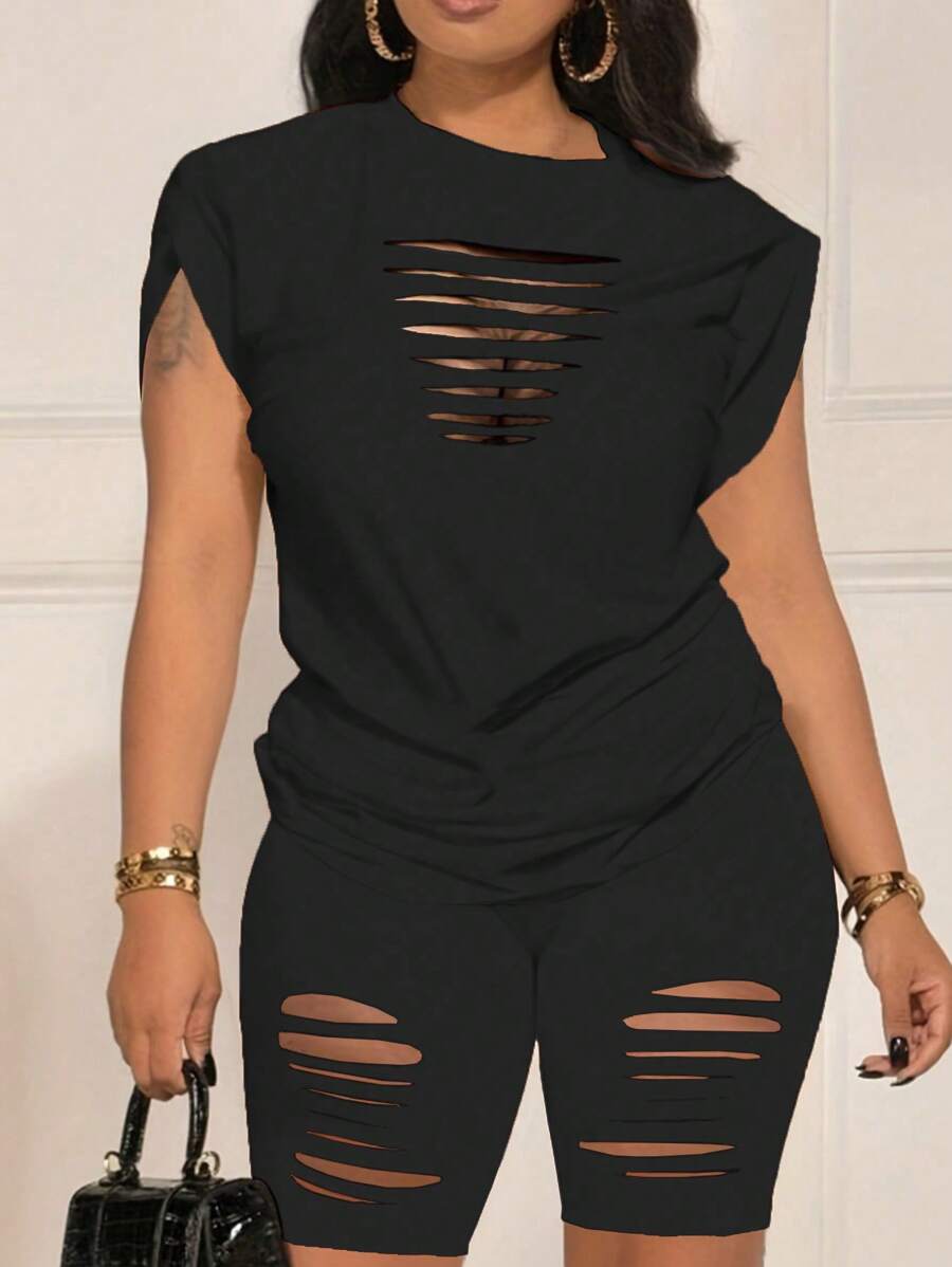 SHEIN Plus Size Nữ Màu Trơn Cổ Tròn Đau Khổ Áo Thun Tay Ngắn Và Quần Short Bộ Hai Món Thường Ngày, Mùa Hè - màu đen - Xem 1
