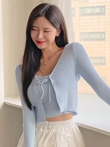 DAZY 2pcs Women Solid Color Spaghetti Strap Camisole And Front Tie Crop Top Set,Fall Clothes - Blue - View 3